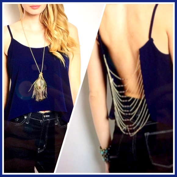 Crop Top Strappy Navy Chain Backside Size Large - Picture 2 of 4